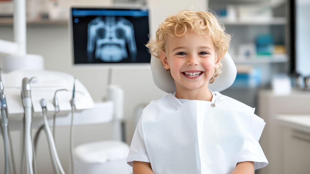 Smiling child sitting in a dental chair for a blog about child toothaches and kids dental care
