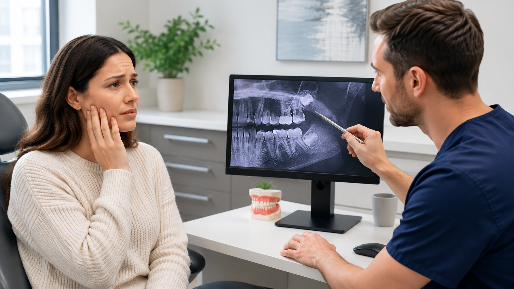 Patient discussing wisdom tooth pain with a dentist during a dental assessment in Toronto.